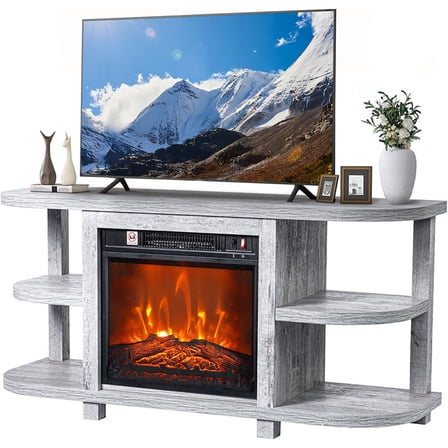48" Electric Fireplace Tv Stand Up to 55" TVs with 18" Electric Fireplace, Entertainment Media Stand with Open Shelves and Storage Cabinets for Living Room, Bedroom (Gray)