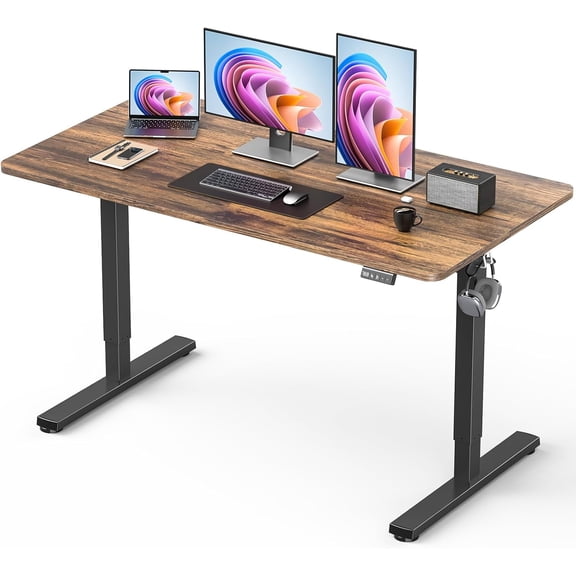 48" Electric Standing Desk Adjustable Height, Sit Stand up Desk for Home Office & Computer Workstation, 2 Memory Height Settings, Splice Board, 2 Hooks, Black Frame/Rustic Brown Top