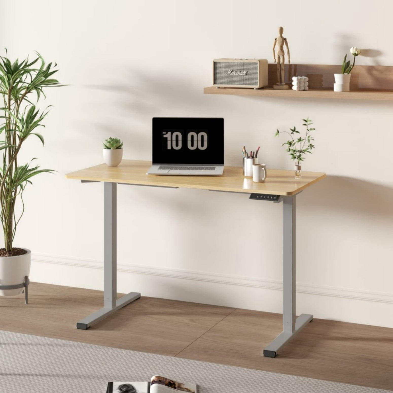 48" Electric Standing Desk, Height Adjustable Sit Stand Desk with Maple Top, Home Office Computer Workstation, Grey Frame Ergonomic Standing Desk