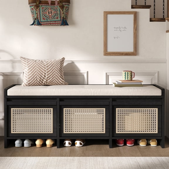 48" Entryway Shoe Bench, Rattan Drawers, Tufted Cushion, 5 Colors, Retro,Black
