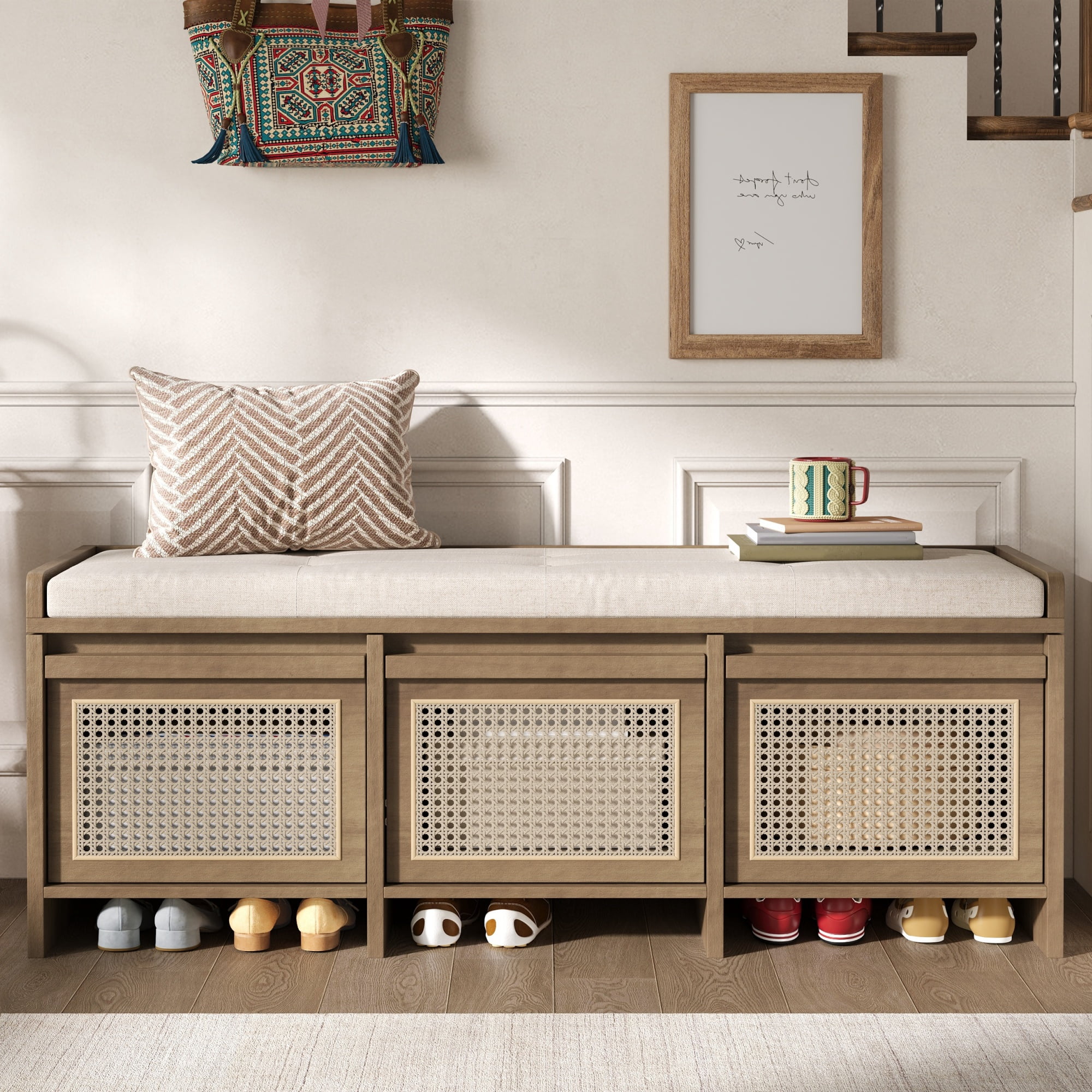 48" Entryway Shoe Bench, Retro Storage Bench with Rattan Drawers & Removable Button‑Tufted Upholstered Cushion for Living Room, Hallway, Foyer, Stair Landing, 5 Colors Available (Natural)