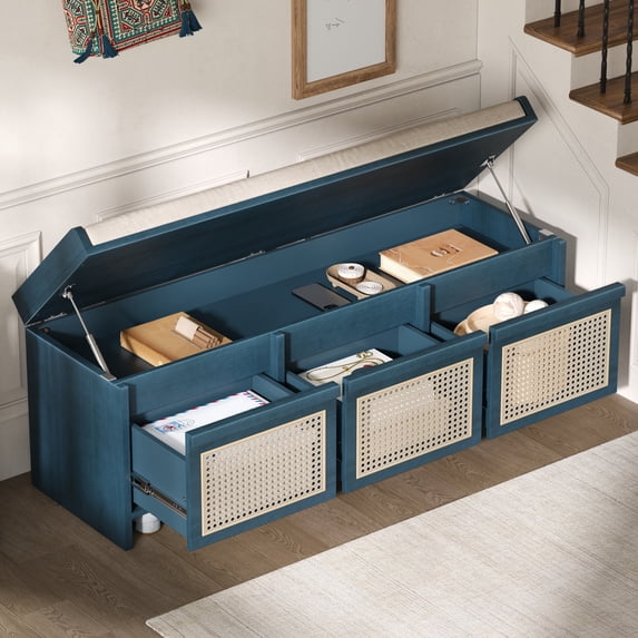 48" Entryway Shoe Bench, Retro Storage Bench with Rattan Drawers & Tufted Cushion, Fits Hallway, Foyer, Stair Landing, Holds 330 lbs, Easy Assembly - Blue