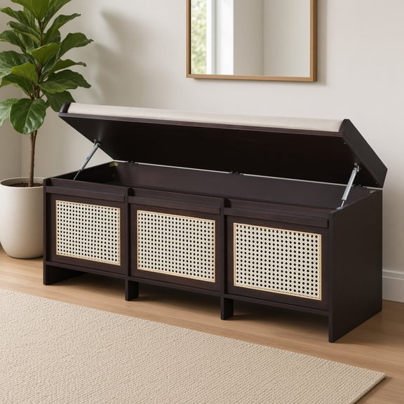 48" Entryway Shoe Bench with Rattan Drawers & Removable Tufted Cushion, Retro Storage Bench for Hallway Foyer Stair Landing, Espresso