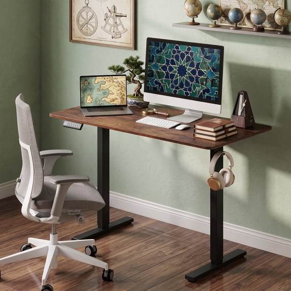48" Ergonomic Electric Standing Desk with 3 Memory Settings & Hanging Hooks, Adjustable Height Stand up Desk with T-Shaped Metal Bracket, Rustic Brown