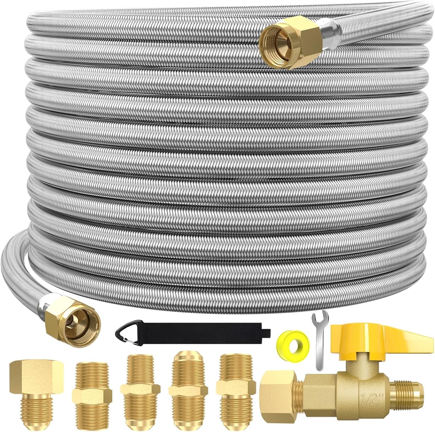48 FT 350PSI High Pressure Braided Propane Hose Extensions with Brass Gas Ball Valve, with Conversion Coupling 3/8" Flare to 1/2" Female NPT, 1/4" Male NPT, 3/8" Male for BBQ Grill, Fire Pit, Heate
