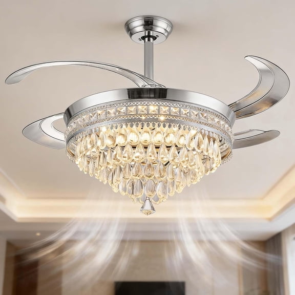 48''Fandelier Ceiling Fan with Light and Bluetooth Speaker, Crystal Fandelier Ceiling Fan for Bedroom Living Room, Dimmable LED, Remote Control, 6 Wind Speed,3 Color Temperatures (Silver)