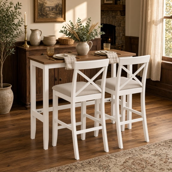 48" Farmhouse Bar Height Dining Set with 2 Chairs, Solid Wood Breakfast Nook Table for Small Spaces, White