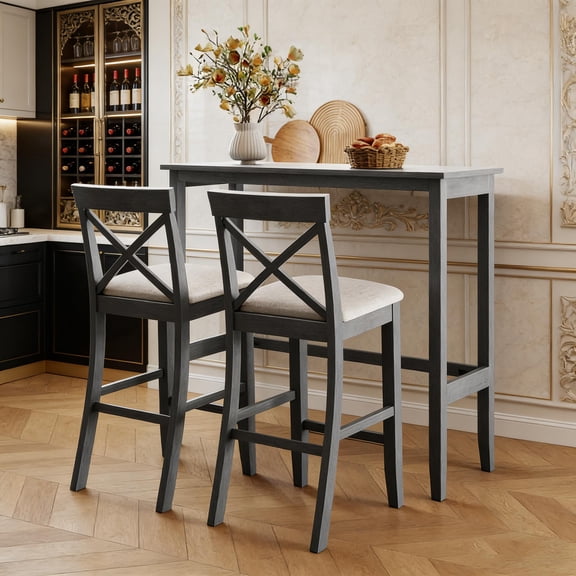 48" Farmhouse Bar Height Dining Table Set with 2 Chairs, Gray Top and Beige Upholstered Seats, Counter Height Nook for Small Kitchen or Dining Area