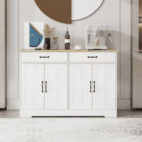 48 Farmhouse Buffet Storage Sideboard with 2 Drawers & 4 Doors - White MDF Cabinet for Dining/Living/Kitchen