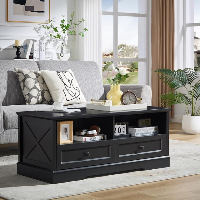 40-Inch Rectangle Wooden Coffee Table With Storage Shelf – Farmhouse Rustic Style 2-Tier Center Table, Black