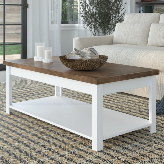 48" Farmhouse Coffee Table with Storage Shelf, Rectangle Cocktail Table with 2-Tier, Rustic Center Table Chairside Table with Wooden Legs, for Living Room Kitchen, No Assembly Required, White