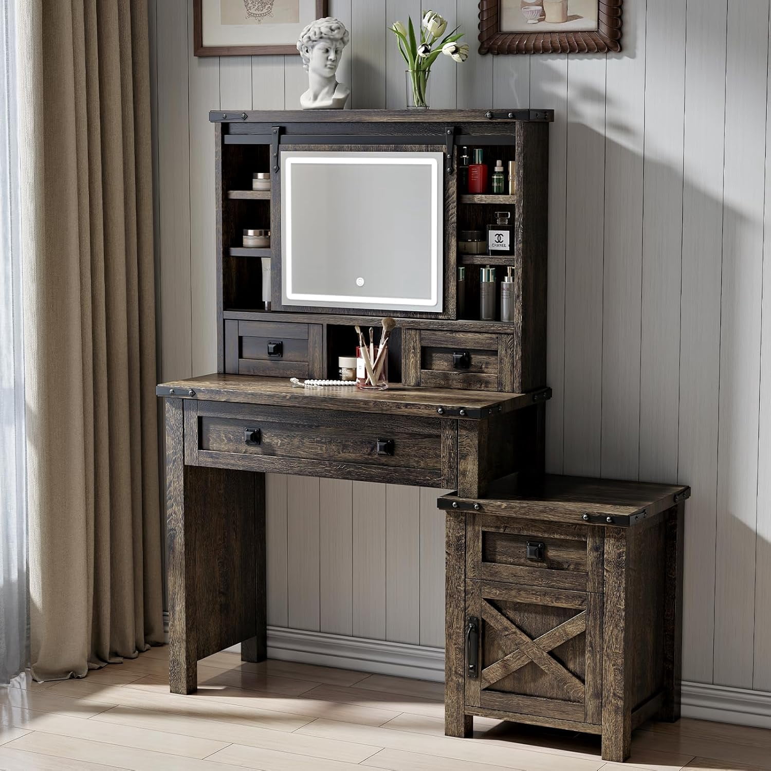 48'' Farmhouse Makeup Vanity Desk with Sliding HD Mirror and Lights ...
