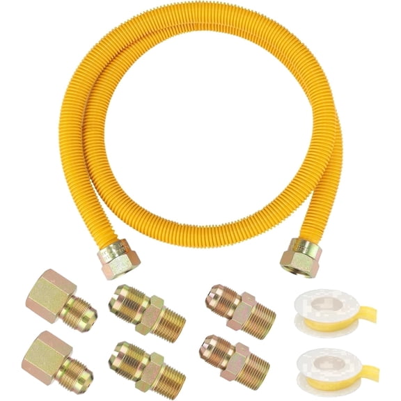 48" Flexible Yellow Coated Stainless Steel Gas Connector Kit for Dryer & Stove Range, 5/8" OD x 1/2" ID Gas Line with 3/4" MIP & 1/2" Fitting Connectors