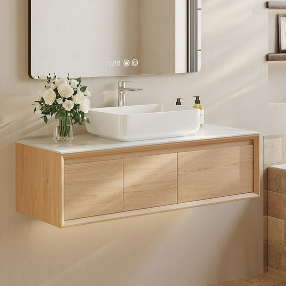 48" Floating Bathroom Vanity with Sink Combo, Modern Wall Mounted Bathroom Storage Cabinet with White Sintered Stone Countertop, Ceramic Basin Sink, Natural Wood