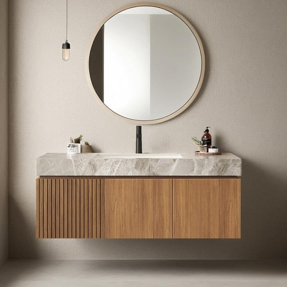 48" Floating Bathroom Vanity with Sink, Modern Plywood Bathroom Storage Cabinet with Drawer and 2 Doors, Light Gray Sintered Stone Countertop and White Ceramic Basin, Pre-assembled, Dark Oak
