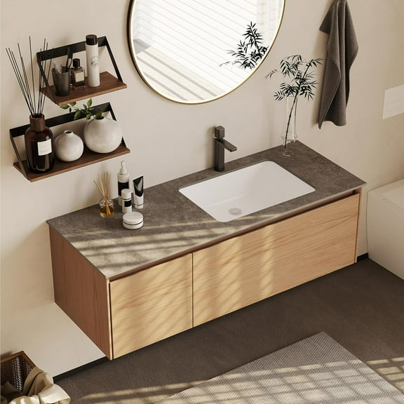 48" Floating Bathroom Vanity with Sink, Modern Wall Mounted Vanity Bathroom Storage Cabinet with Gray Sintered Stone Top White Ceramic Basin, Light Wood