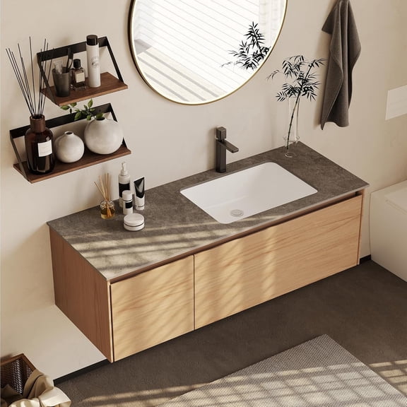 48" Floating Bathroom Vanity with Sink, Modern Wall Mounted Vanity Bathroom Storage Cabinet with Gray Sintered Stone Top White Ceramic Basin, Light Wood