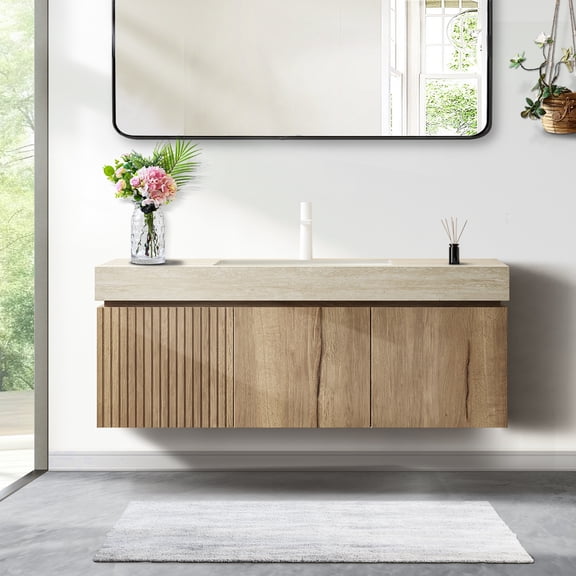 48" Floating Bathroom Vanity with Sink, Solid Wood & 16mm Plywood Composite Cabinet with Drawer & Door Bathroom Vanity, Ceramic Basin & Sintered Stone Top - White Oak White Oak Wood Grain Vanity