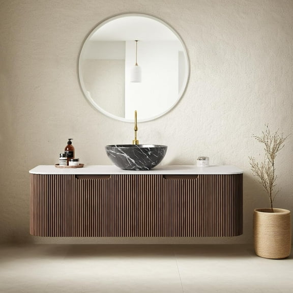 48" Floating Bathroom Vanity with Sink, Wall-Mount Cabinet with 2 Large Storage Drawer, Black Bowl Ceramic Basins and Marble Top, Soft-Close Design, Dark Walnut