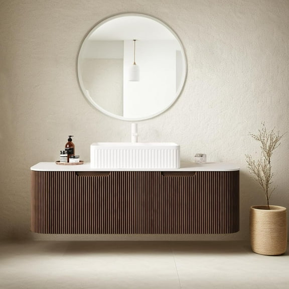 48" Floating Bathroom Vanity with Sink, Wall-Mount Cabinet with 2 Large Storage Drawer, White Rectangular Ceramic Basins and Marble Top, Soft-Close Design, Dark Walnut