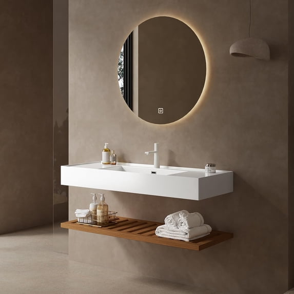 48"Floating Bathroom Vanity with Vessel Sink Combo, Wall Mounted Storage Cabinet with Rectangular Acrylic Integrated Basin Without Faucet, Striped Shelf, Dark Walnut