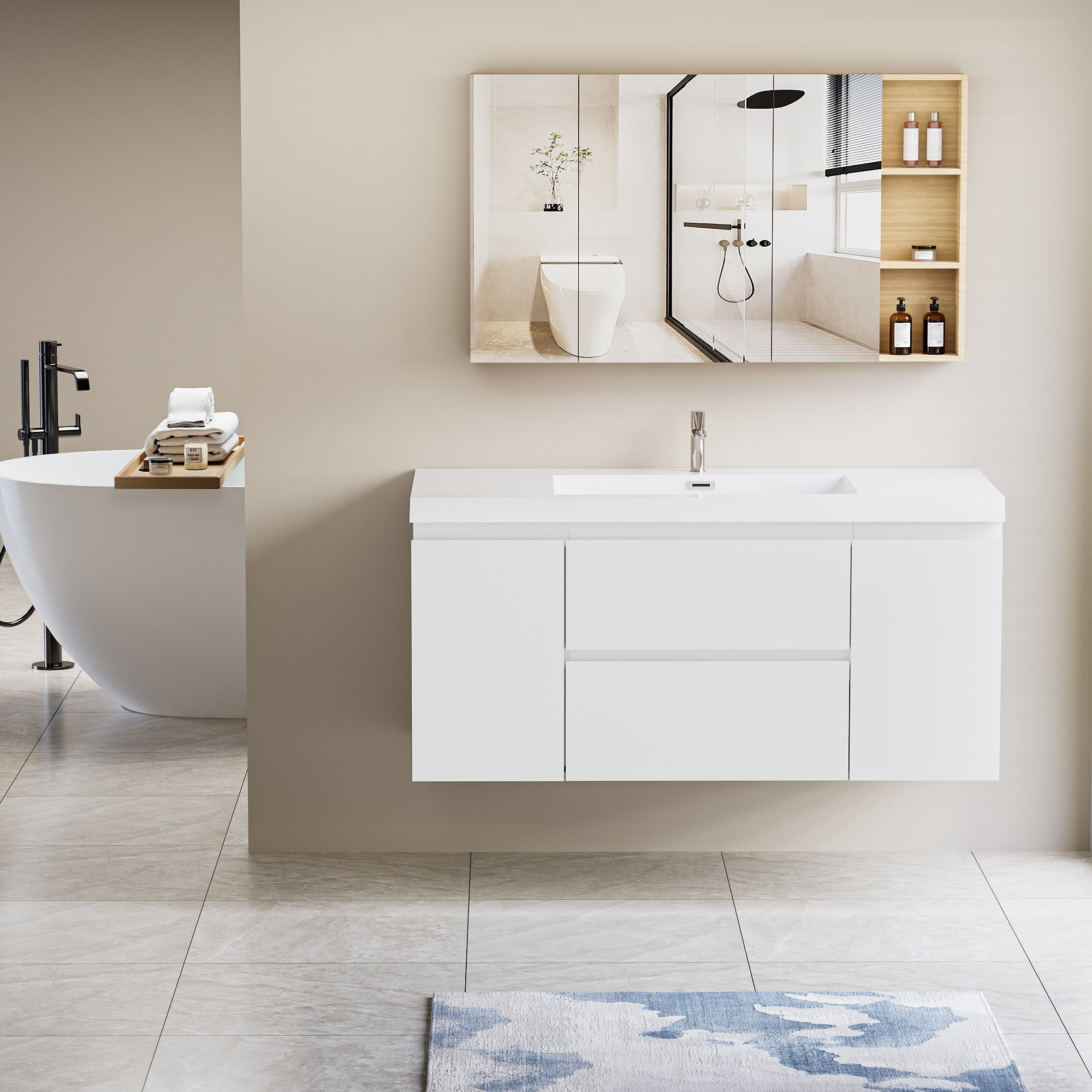48“ Floating Wall Mounted Bathroom Vanity Cabinet with Ceramic Sink and ...