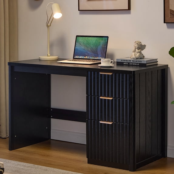 48" Fluted Executive Desk, Modern Wood Computer Writing Desk Home Office Desk with Metal Handles, Writing Table Storage Cabinet for Study, Black