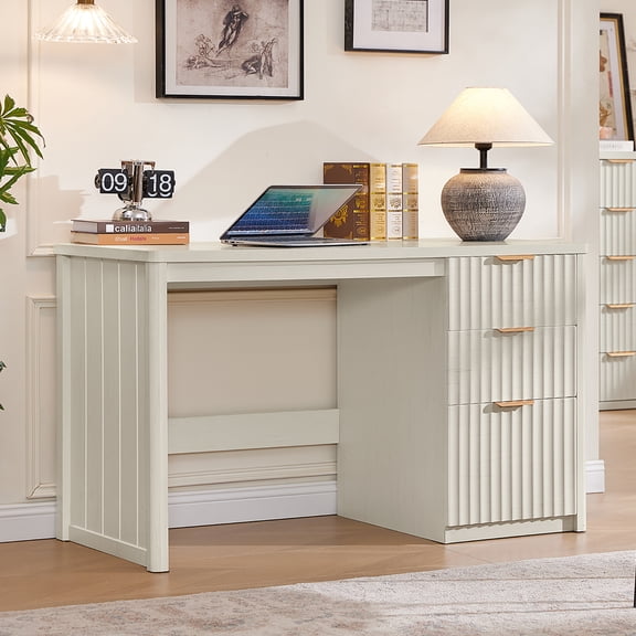 48" Fluted Executive Desk, Modern Wood Computer Writing Desk Home Office Desk with Metal Handles, Writing Table Storage Cabinet for Study, White