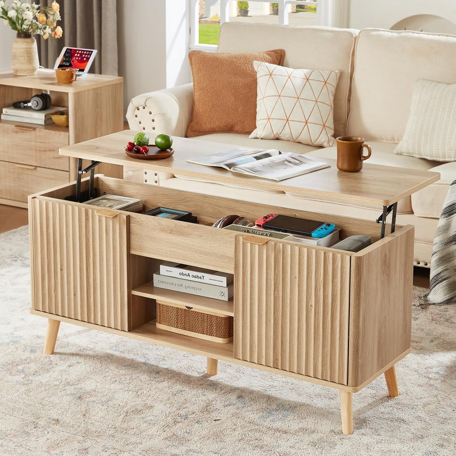 48 Fluted Lift Top Coffee Table with Hidden Storage, Adjustable Shelves ...