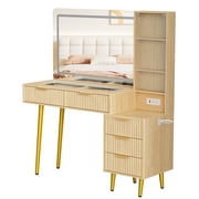 48" Fluted Makeup Vanity Desk with 36" HD Lighted Mirror - Glass Top, 5 Drawers & 3-Tier Shelves, Built-In Charging Station - Modern Bedroom Dressing Table, Oak