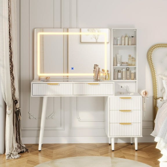 48" Fluted Makeup Vanity Set with 36" LED Mirror, 3 Lighting Modes & Built-in Outlets, 5-Drawer Storage & Glass Top Dressing Table for Bedroom, Oak