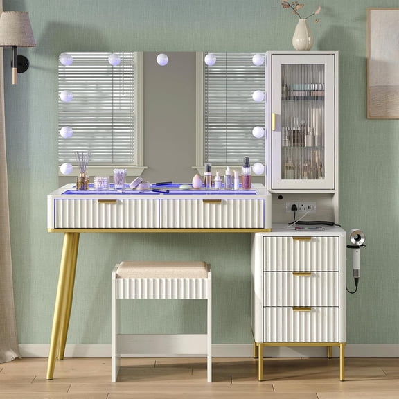 48" Fluted Vanity Desk with Comfortable Stool, Modern Glass Top Big Vanity Table with RGB 5 Drawers & Adjustable Shelves, Makeup Table with Charging Station for Women and Girls, White