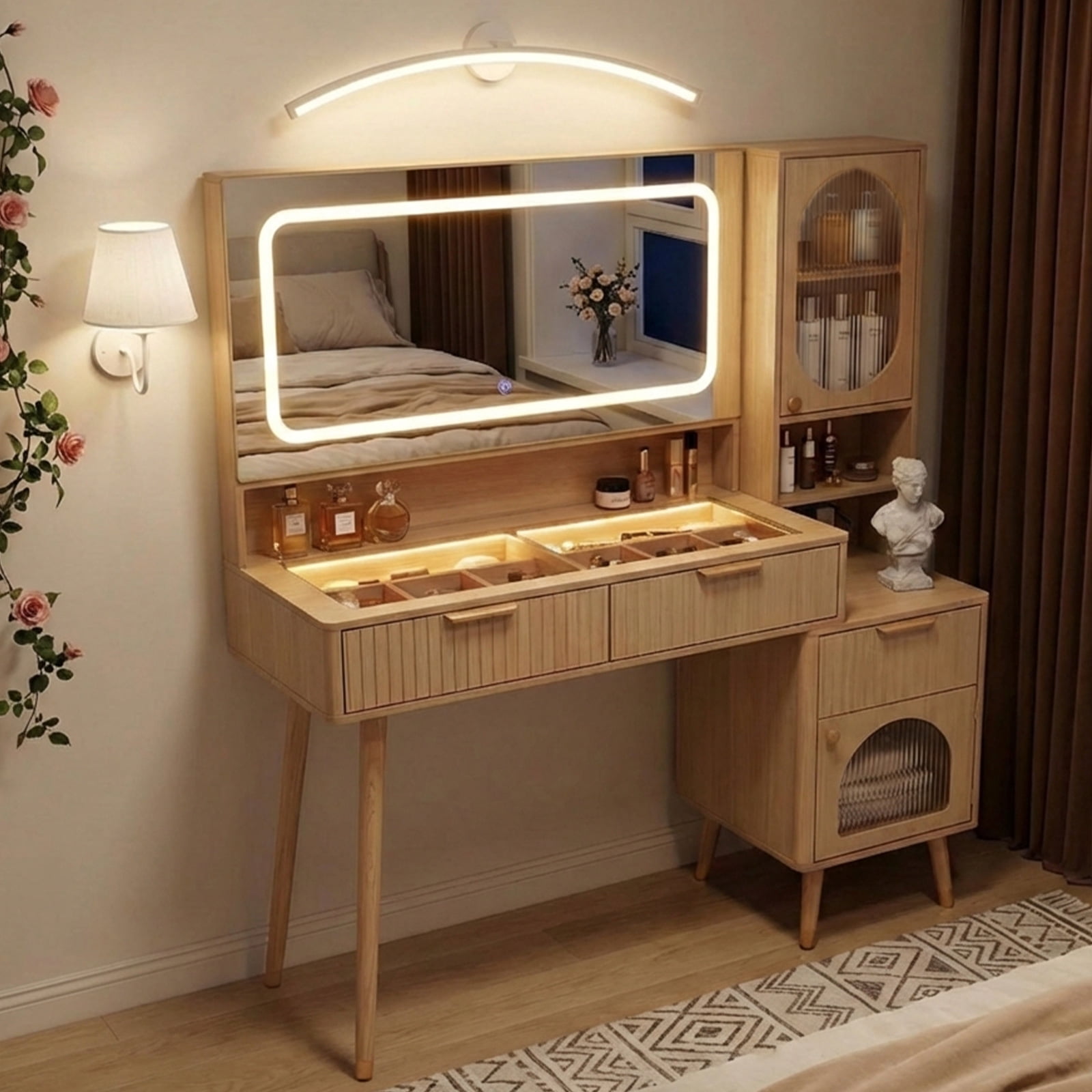 48" Fluted Vanity Desk with Lighted Mirror & Charging Station, Natural Oak Makeup Table with 5 Drawers, Motion Sensor Lights, Glass Top & Hair Dryer Holder for Bedroom