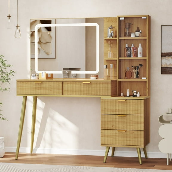 48" Fluted Vanity Desk with Mirror & Lights ,White Makeup Vanity with Glass Top, Curved Glass Cabinet & 5 Storage Drawers, Big Modern Vanity with 3-Mode LED Mirror for Bedroom