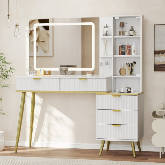 48" Fluted Vanity Desk with Mirror & Lights ,White Makeup Vanity with Glass Top, Curved Glass Cabinet & 5 Storage Drawers, Big Modern Vanity with 3-Mode LED Mirror for Bedroom