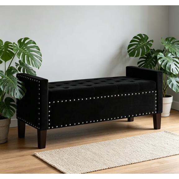 48" Folding Storage Ottoman Bench, Velvet Upholstered Tufted Button End of Bed Bench with Nailhead Trim, Padded Seat and Armrest, Foot Rest Stool for Entryway, Living Room, Bedroom, Black