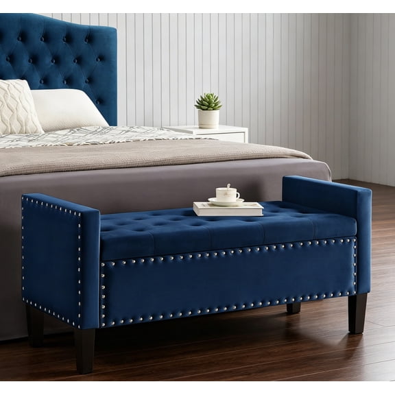 48" Folding Storage Ottoman Bench, Velvet Upholstered Tufted Button End of Bed Bench with Nailhead Trim, Padded Seat and Armrest, Foot Rest Stool for Entryway, Living Room, Bedroom, Navy Blue