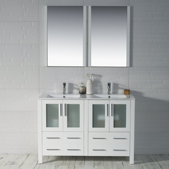 48" Freestanding Bathroom Vanity & Ceramic Sink & Mirror- Glossy White