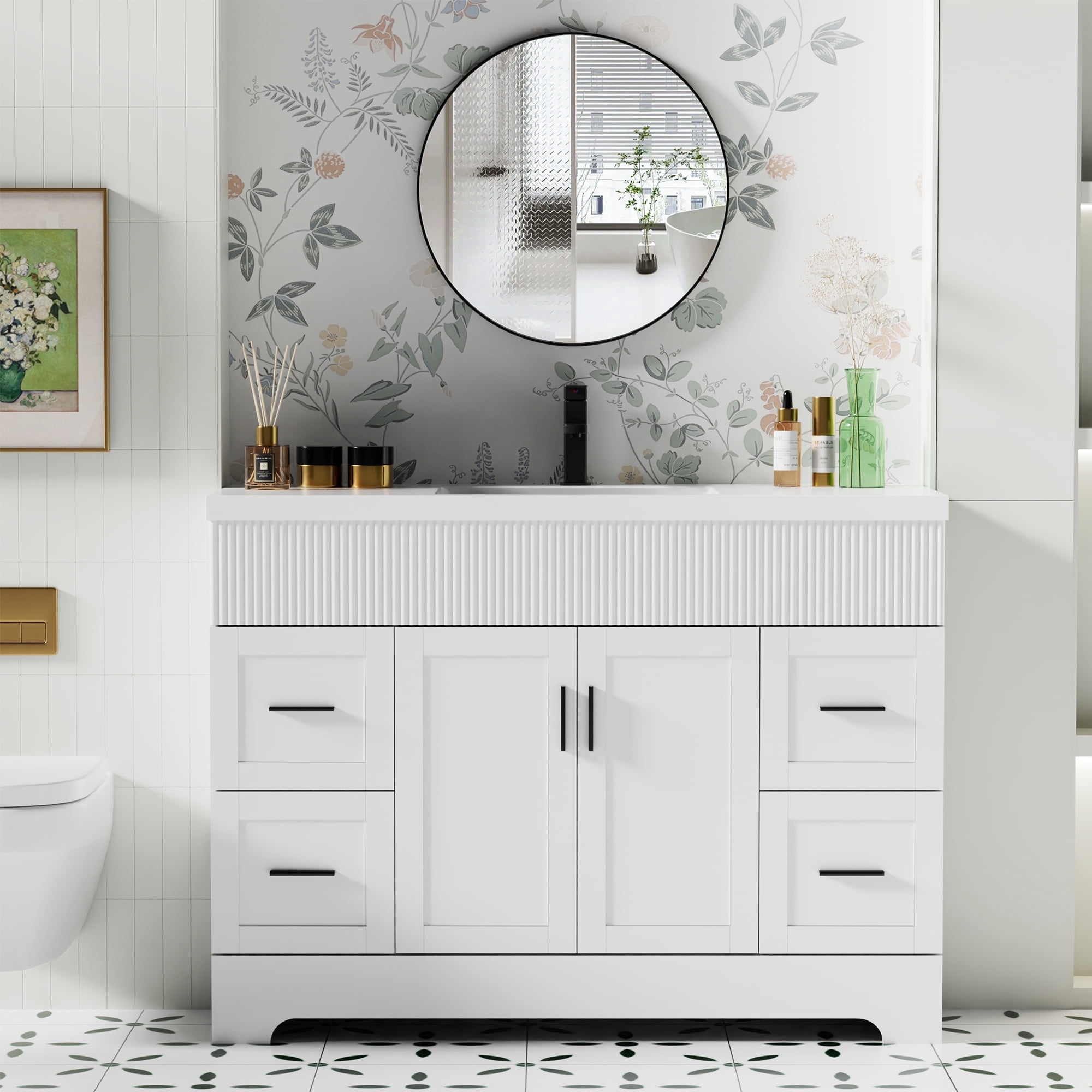 eclife Freestanding Single Sink Bathroom Vanity with Resin Top, Faucet, and Drain, 48 Inch