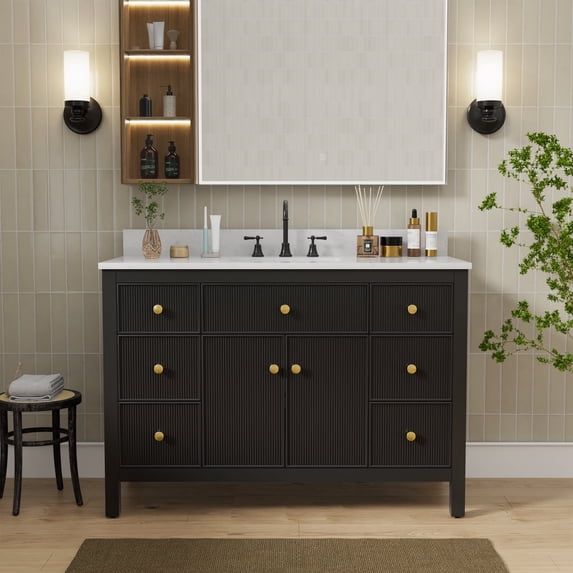48" Fully Assembled Single Bathroom Vanity with Engineered Stone Top, Ceramic Sink, Hand Paint