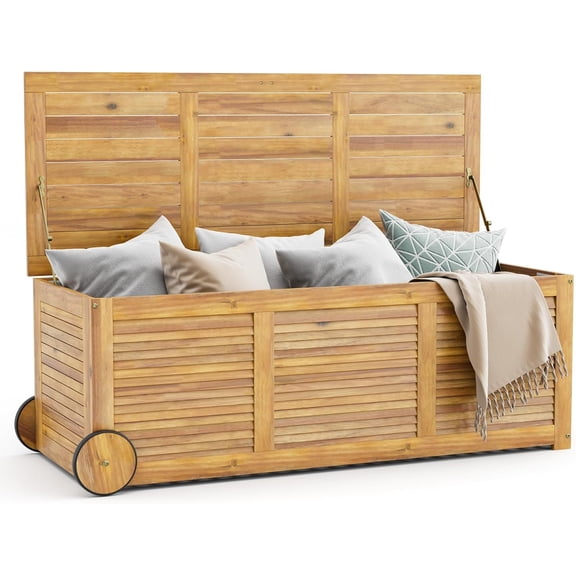 48 Gallon Outdoor Storage Box with Wheels and Waterproof Cover, Patio Wood Deck Box with Side Handle, for Poolside, Garden, Balcony, Yard and Outside