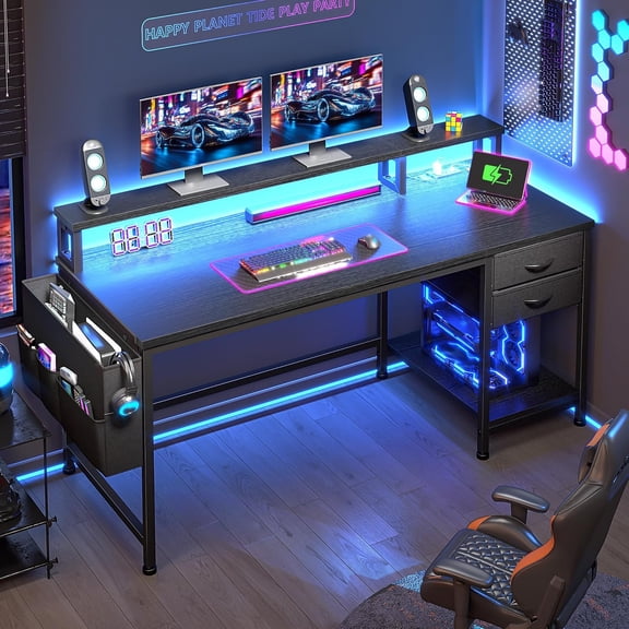 48" Gaming Desk with LED Lights, Computer Desk with Drawers & Storage Bag, Office Desks with Power Outlets & Monitor Stand, Home Office Desks for Bedroom, Gaming Room, Black