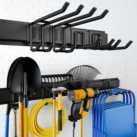 48" Garage Tool Organizer Wall Mount, 440lbs Garden Garage Storage Garage Organization with Adjustable Heavy Duty Hanging Hooks, Yard Rack Hanger System Shovel Rake Broom Ladder Holder, Men Gift