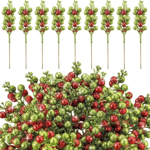 48 Glitter Fruits - Red and Green Artificial Holly Berries with Stems, No Assembly Required, Suitable for Christmas Trees, Wreaths, and Garland Centerpieces