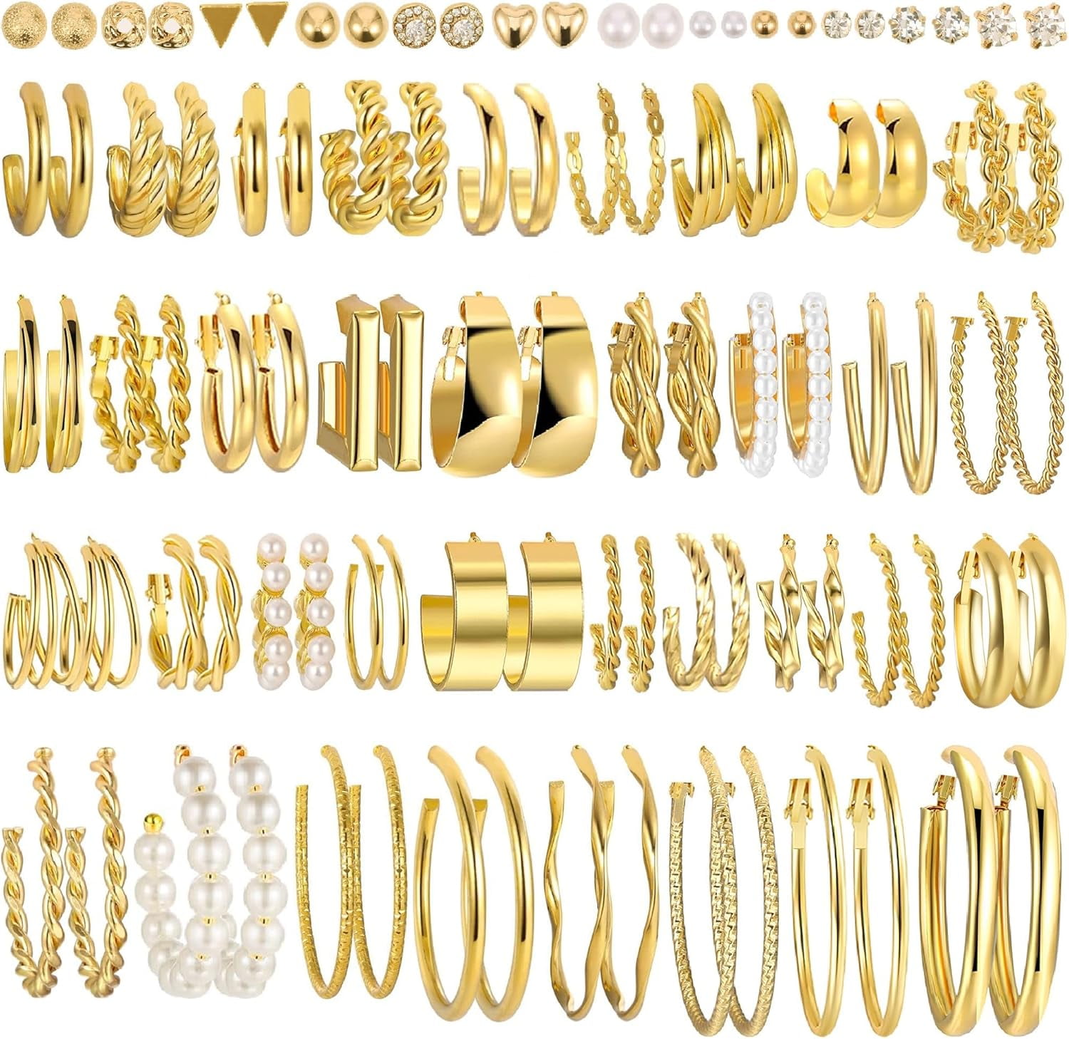 PANJIUO 48 Gold Earrings Women, Pearl Earrings Statement Earring Hypoallergenic Hoops Earrings Jewelry Women Pairs Hoop Set for Fashion Chunky Multipack Twisted Pack, Trendy Small Big for[t279]