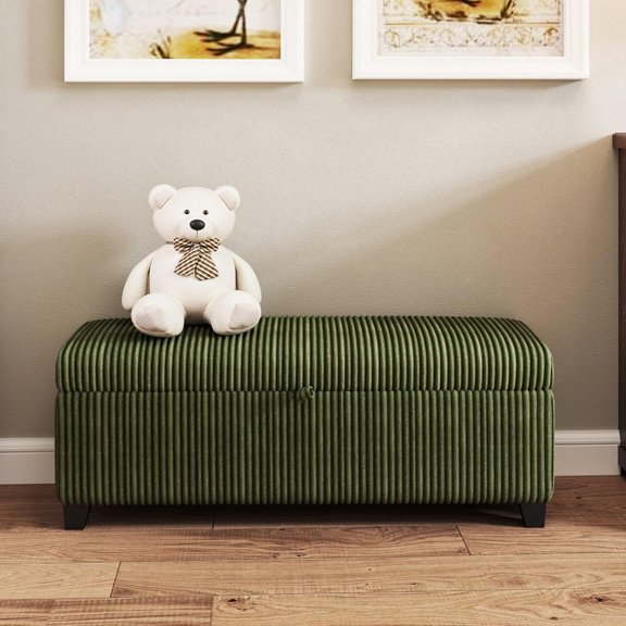 48" Green Ottoman with Storage, Corduroy Storage Ottoman Bench for Bedroom, End of Bed Bench with Safety Hinge for Living Room, Entryway