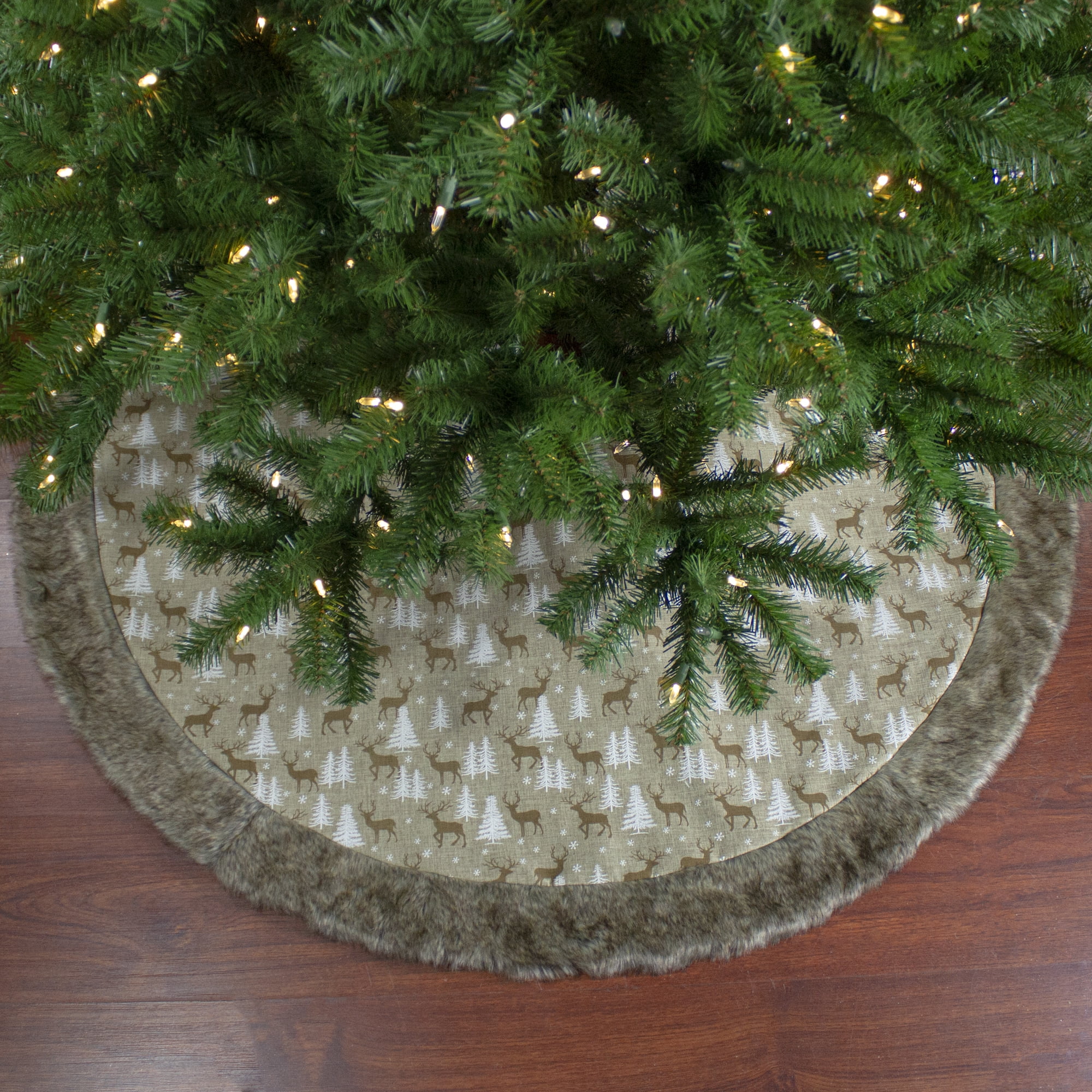 48" Green and Brown Knit Deer and Tree Christmas Tree Skirt