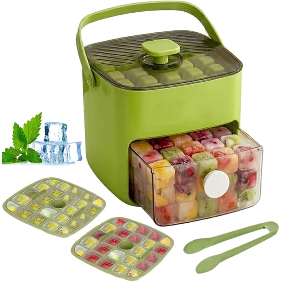 48 Grid Press Ice Cube Tray with Storage Bin, Double Layer Portable Ice Mold with Lid & Handle, BPA Free Easy Release Ice Container for Freezer, Whiskey Cocktail Drinks, Green
