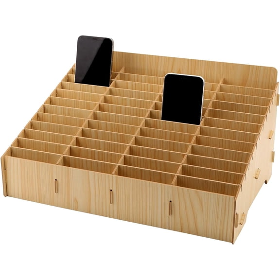 48-Grid Wooden Cell Phone Storage box Mobile Phone Holder Desktop Organizer Storage box for Classroom Office Wheat Finished Product: 425x423x293mm