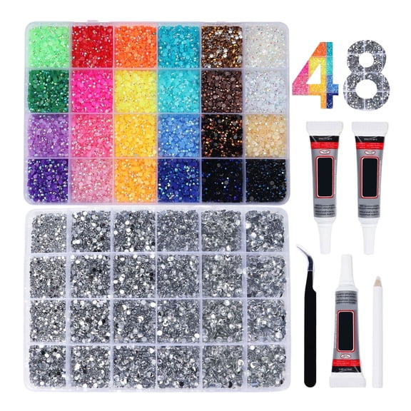 48-Grids Resin Rhinestone Bedazzler Kit - 28000+ Pcs Silver, Clear & Multicolor Flatback Gems, DIY Nail Art & Craft Set with 3 Glue Tubes, Pickup Pen & Tweezers for Makeup & Shoes
